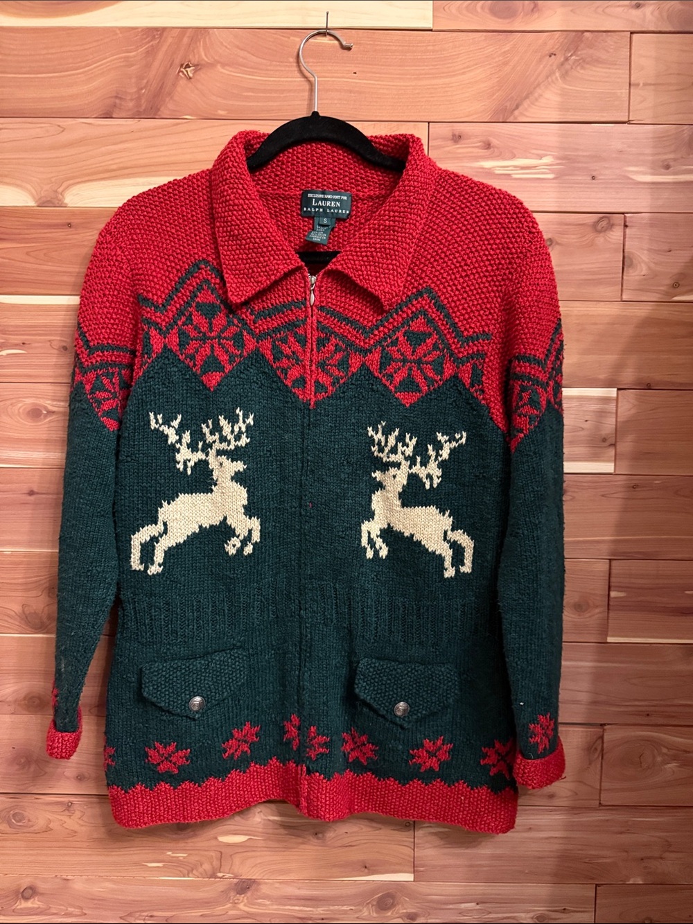 Lauren Ralph Lauren Red and Green Reindeer Zip Cardigan